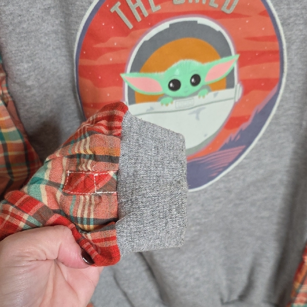 Disney Gray The Child Custom Sweatshirt with Plaid Sleeves Sz Medium OOAK Custom - Picture 6 of 7